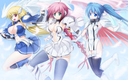 Rule 34 | 3girls, ahoge, angel wings, astraea (sora no otoshimono), blonde hair, blue eyes, blue hair, boots, breasts, chain, collar, feathers, gloves, green eyes, ikaros, jerry, large breasts, long hair, multiple girls, navel, nymph (sora no otoshimono), pink hair, red eyes, skirt, smile, sora no otoshimono, thighhighs, white gloves, wings