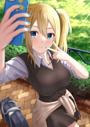 Rule 34 | 1girl, absurdres, akiyama0818, bag, bead necklace, beads, black dress, blonde hair, blue eyes, blue nails, blue scrunchie, blurry, blush, breasts, cellphone, closed mouth, clothes around waist, collared shirt, commentary, cowboy shot, day, depth of field, double-parted bangs, dress, eyelashes, foreshortening, hair between eyes, hair ornament, hair scrunchie, handbag, hands up, hayasaka ai, highres, holding, holding phone, jewelry, kaguya-sama wa kokurasetai ~tensai-tachi no renai zunousen~, large breasts, lens flare, light rays, long hair, long sleeves, looking at phone, nail polish, necklace, outdoors, phone, school uniform, scrunchie, selfie, shirt, shuuchiin academy school uniform, side ponytail, sidelocks, signature, sleeveless, sleeveless dress, sleeves rolled up, smartphone, smile, solo, standing, star sticker, white shirt