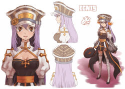Rule 34 | 1girl, arch bishop (ragnarok online), black dress, black footwear, body blush, breasts, brown eyes, brown headwear, character name, cleavage, closed mouth, commentary request, cross-laced clothes, cross-laced legwear, dress, fire, frilled sleeves, frills, full body, hair between eyes, high heels, holding, long hair, looking at viewer, looking to the side, medium breasts, multiple views, pelvic curtain, purple hair, ragnarok online, simple background, standing, susukinohukurou, thighhighs, upper body, white background, white thighhighs