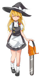 Rule 34 | 1girl, absurdres, apron, black footwear, black hat, black skirt, black vest, blonde hair, blush, bow, braid, chainsaw, closed eyes, closed mouth, commentary request, cookie (touhou), frilled apron, frills, full body, hair between eyes, hair bow, hat, hat bow, highres, holding, holding chainsaw, kirisame marisa, long hair, power tool, puffy short sleeves, puffy sleeves, red bow, shirt, shoes, short sleeves, side braid, simple background, single braid, skirt, smile, socks, solo, split mouth, standing, star (symbol), suzu (cookie), touhou, turtleneck, vest, waist apron, white apron, white background, white bow, white shirt, white socks, witch hat, yumekamaborosh