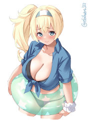 Rule 34 | 1girl, alternate hairstyle, bare legs, bikini, bikini under clothes, black bikini, blonde hair, blue eyes, blue shirt, blush, breast pocket, breasts, collarbone, collared shirt, cowboy shot, ebifurya, from above, gambier bay (kancolle), hair between eyes, hairband, highres, innertube, kantai collection, large breasts, lips, looking at viewer, looking up, official alternate costume, pocket, ponytail, shirt, short sleeves, side ponytail, simple background, smile, solo, swim ring, swimsuit, swimsuit under clothes, twitter username, white background