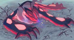 Rule 34 | claws, closed eyes, commentary, creatures (company), game freak, gen 6 pokemon, glowing, grass, highres, horns, legendary pokemon, lying, nintendo, no humans, outdoors, pokemon, pokemon (creature), solo, symbol-only commentary, torinoko (miiko draw), yveltal