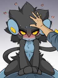 Rule 34 | 1boy, 1girl, animal ears, black hair, blush, breasts, clothed male nude female, colored sclera, creatures (company), disembodied limb, empty eyes, furry, game freak, gen 4 pokemon, gradient background, heart, highres, luxray, navel, nintendo, nose blush, nude, open mouth, personification, pokemon, pokemon (creature), pov, rakkuguy, red sclera, simple background, small breasts, straddling, sweat, tail, trembling, yellow eyes