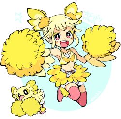 Rule 34 | 1girl, :d, bare shoulders, belt, bird, blonde hair, bloomers, blush, breasts, bright pupils, character name, cheerleader, collarbone, creatures (company), crop top, eyeshadow, full body, game freak, gen 7 pokemon, jumping, looking at viewer, makeup, medium breasts, miniskirt, moemon, navel, nintendo, nono (norabi), open mouth, oricorio, personification, pink eyes, pink thighhighs, pokedex number, pokemon, pokemon (creature), pokemon sm, pom pom (cheerleading), scrunchie, short hair, short twintails, simple background, skirt, smile, star (symbol), tank top, teeth, thighhighs, tongue, twintails, underboob, underwear, white background, white belt, white bloomers, yellow skirt, zettai ryouiki