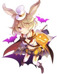 Rule 34 | 1girl, althemia, animal ears, bat (animal), belt, boots, breasts, brown footwear, cleavage, closed mouth, commentary request, dragalia lost, garter straps, hair over one eye, halloween, halloween costume, hat, highres, jack-o&#039;-lantern, kneehighs, light brown hair, long sleeves, looking at viewer, medium breasts, mini hat, navel, one eye covered, puffy shorts, purple eyes, rabbit ears, shorts, sibyl, smile, socks, solo, top hat, white hat, white socks, witch hat