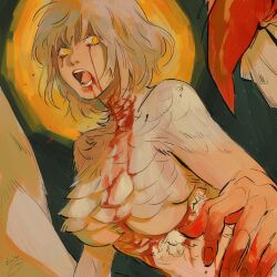 Rule 34 | 1girl, blonde hair, blood, blood from mouth, blood on face, blood on hands, bloody tears, dungeon meshi, falin touden, falin touden (chimera), fang, feathers, from side, monster girl, open mouth, short hair, sideways glance, signature, slit pupils, solo, spoilers, upper body, wanwuru, wide-eyed, yellow eyes
