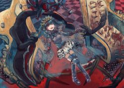Rule 34 | 1girl, :d, aqua hair, aqua stripes, armor, armored boots, belt, blood, blood on clothes, blood on face, blunt bangs, blush, boots, breastplate, brown belt, brown gloves, chair, checkered floor, closed eyes, crown, doppel (madoka magica), floating, frilled skirt, frills, futaba sana, gem, gloves, guro, happy, jewelry, leather belt, magia record: mahou shoujo madoka magica gaiden, magical girl, mahou shoujo madoka magica, medium hair, necklace, open mouth, ribbed sweater, sidelocks, skirt, smile, solo, striped clothes, striped skirt, sweater, theresia (madoka magica), thigh boots, thighhighs, torture instruments, totte, turtleneck, turtleneck sweater, twintails, twitter username, veil, wavy hair, white skirt, zettai ryouiki