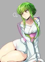 Rule 34 | 1girl, bare shoulders, c.c., code geass, commentary request, cosplay, creayus, green hair, grey background, japanese clothes, jigoku sensei nube, kimono, sash, short hair with long locks, simple background, sitting, solo, twitter username, yellow eyes, yukime (jigoku sensei nube), yukime (jigoku sensei nube) (cosplay)