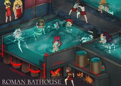 Rule 34 | 6+girls, ass, bath, blonde hair, breasts, centurii-chan, centurii-chan (artist), character request, commentary, english commentary, english text, fire, grey hair, highres, hoplite (centurii-chan), kiss, legate (centurii-chan), multiple girls, nude, original, partially submerged, pictish witch (anonhistory), praetorian (centurii-chan), red hair, sitting, sitting on lap, sitting on person, standing, water, yuri