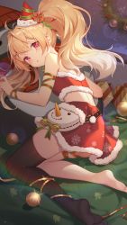 Rule 34 | 1girl, antenna hair, artist request, bag, bandeau, bare shoulders, bauble, black thighhighs, blonde hair, carol (girl cafe gun), christmas, christmas ornaments, feet, fur trim, girl cafe gun, handbag, hat, highres, long hair, looking at viewer, looking back, lying, midriff, mini hat, miniskirt, official art, on side, parted lips, red eyes, red hat, red skirt, santa hat, single thighhigh, skirt, solo, strapless, thighhighs, thighs, tube top, twintails