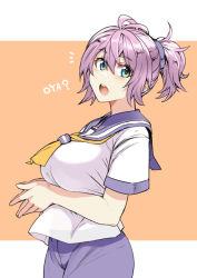 Rule 34 | 1girl, :o, aoba (kancolle), ascot, blue eyes, blue shorts, blush, breasts, commentary request, hair between eyes, kantai collection, large breasts, looking back, messy hair, own hands together, pink hair, ponytail, school uniform, serafuku, short sleeves, shorts, simple background, solo, teeth, tsukinami kousuke, two-tone background, upper teeth only, yellow ascot