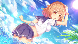Rule 34 | 1girl, blue skirt, blue sky, blush, breasts, cloud, cloudy sky, cowboy shot, day, dutch angle, highres, looking at viewer, looking back, medium breasts, midriff, ocean, open mouth, outdoors, pleated skirt, pretty angel, sailor collar, school uniform, shirt, short hair, short sleeves, skirt, sky, solo, standing, thighs, water, white shirt