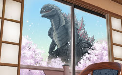 Rule 34 | bones (company), branch, cherry blossoms, claws, fangs, flower, giant, giant monster, godzilla, godzilla (series), godzilla singular point, godzilla ultima, highres, kaijuu, monster, nature, no humans, orange (company), paid reward available, petals, pink flower, plum blossoms, scales, sharp teeth, spikes, spines, spring (season), tail, teeth, toho, tree, veins, yuuki koutarou