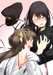 Rule 34 | 10s, 2girls, ahoge, bare shoulders, between breasts, blush, grabbing another&#039;s breast, breast smother, breasts, brown hair, detached sleeves, double bun, face to breasts, female admiral (kancolle), grabbing, hair ornament, hairband, hat, unworn hat, head between breasts, headgear, unworn headwear, heart, heart-shaped pupils, heart ahoge, highres, japanese clothes, kantai collection, kongou (kancolle), long hair, military, military uniform, multiple girls, naval uniform, niwatazumi, nontraditional miko, one eye closed, open mouth, peaked cap, personification, ribbon-trimmed sleeves, ribbon trim, symbol-shaped pupils, tatebayashi sakurako, tears, uniform, wink, yuri