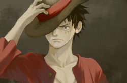Rule 34 | 1boy, black hair, glaring, hand on headwear, hat, hat over one eye, koga (017), long sleeves, looking at viewer, male focus, monkey d. luffy, one piece, red shirt, scar, shirt, solo, straw hat