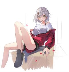 Rule 34 | 1girl, black footwear, black shorts, commentary request, genshin impact, green eyes, highres, jacket, long sleeves, looking at viewer, lumo 1121, noelle (genshin impact), open mouth, partially unzipped, red jacket, shirt, shoes, short hair, shorts, simple background, solo, t-shirt, white background, white hair, white shirt