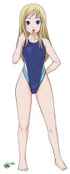 Rule 34 | 1girl, absurdres, barefoot, blonde hair, blue eyes, bosshi, competition swimsuit, derivative work, feet, gg22, highres, legs, long hair, one-piece swimsuit, original, recolored, swimsuit, transparent background, vector trace