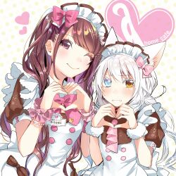 Rule 34 | 2girls, absurdres, alternate costume, animal ear fluff, animal ears, apron, at-home cafe, blue eyes, blush, bow, bowtie, bracelet, brown bow, brown eyes, brown hair, cat ears, cat girl, catulus syndrome, collaboration, colored eyelashes, copyright name, crossover, english text, enmaided, finger heart, frilled apron, frills, fur cuffs, hair bow, heart, heterochromia, highres, jewelry, leaning on person, logo, long hair, looking at viewer, maid, maid apron, maid day, maid headdress, moe moe kyun!, multiple girls, name tag, necktie, one eye closed, original, pink bow, pink bowtie, pink necktie, pink scrunchie, puffy short sleeves, puffy sleeves, scrunchie, shinonome neko-tarou, shirakaba yuki, short sleeves, shy, sleeve cuffs, smile, swept bangs, upper body, wavy mouth, white apron, white background, white hair, white wrist cuffs, wrist cuffs, yellow eyes