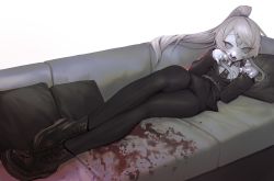 Rule 34 | 1girl, black footwear, black nails, black necktie, blood, boots, couch, cross, drooling, fangs, female focus, formal, grey hair, highres, inverted cross, looking at viewer, lying, nail polish, necktie, on couch, on side, open mouth, original, pale skin, ponytail, ringed eyes, ro47, solo, suit, third eye