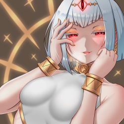 Rule 34 | 1girl, bare shoulders, blush, bracelet, breasts, breath, cottage project, drooling, half-closed eyes, hand on own cheek, hand on own face, highres, jewelry, looking at viewer, mangu nito, nekojima, parted lips, red eyes, saliva, saliva trail, short hair, silver hair, small breasts, solo, upper body, virtual youtuber