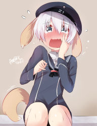 Rule 34 | 10s, 1girl, a:n (angrynum), animal ears, artist name, bad id, bad pixiv id, blue eyes, blush, clothes writing, dog ears, dog tail, dress, flying sweatdrops, full-face blush, hand on own face, hat, highres, kantai collection, kemonomimi mode, looking at viewer, no nose, open mouth, sailor dress, sailor hat, short hair, silver hair, sitting, solo, tail, wavy mouth, z1 leberecht maass (kancolle)