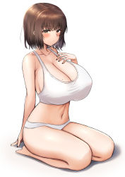 Rule 34 | 1girl, absurdres, bare legs, barefoot, blush, breasts, brown eyes, brown hair, cleavage, closed mouth, collarbone, commentary request, feet, highres, huge breasts, mole, mole on breast, nail polish, navel, original, panties, sho (wnmf3234), short hair, simple background, sitting, solo, sports bra, stomach, toes, underwear, underwear only, wariza, white background, white panties, white sports bra