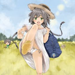 1boy 1girl =_= backpack bag bandages bandaid blush_stickers braid feet green_hair grey_hair hat highres hoe loli lon long_hair maebari navel no_panties no_shoes open_clothes open_shirt original shikinyan shirt short_hair smile socks soles straw_hat toes twin_braids worktool yellow_legwear