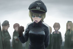 Rule 34 | 6+girls, adelheid, arm behind back, bad id, bad pixiv id, blonde hair, brown hair, clenched hand, coat, crossed arms, garrison cap, gloves, green eyes, hair over one eye, hanna rudel, hat, long hair, map, military, military uniform, multiple girls, open mouth, peaked cap, scar, shiratama (hockey), short hair, strike witches, trench coat, uniform, world witches series