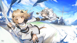 Rule 34 | 1boy, 1girl, alchemy stars, black gloves, blonde hair, boots, building, closed mouth, cloud, cross, dated, day, fingerless gloves, gloves, grey hair, hair ornament, headband, highres, holding, holding hands, light brown hair, looking at viewer, navigator (alchemy stars), orange eyes, outdoors, short hair, signature, sky, tsukibara, vice (alchemy stars)