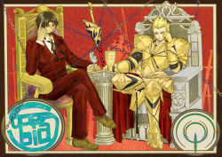 Rule 34 | 2boys, armor, blonde hair, blue eyes, brown hair, chair, command spell, cup, ea (fate/stay night), earrings, facial hair, fate/zero, fate (series), gilgamesh (fate), goatee, chalice, jewelry, konfuji, latin text, multiple boys, pillar, red eyes, sword, tohsaka tokiomi, weapon