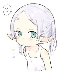 Rule 34 | 1girl, ?, aged down, bare shoulders, blue eyes, blush, dress, elf, expressionless, frieren, looking at viewer, nanoningen (anapoko), parted bangs, pointy ears, short eyebrows, short hair, solo, sousou no frieren, spoken question mark, twintails, upper body, white dress, white hair