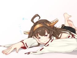 Rule 34 | 10s, 1girl, ahoge, barefoot, blue eyes, brown hair, colored eyelashes, cushion, double bun, foreshortening, hairband, highres, japanese clothes, kamome donburi, kantai collection, kongou (kancolle), long hair, looking at viewer, lying, miniskirt, nontraditional miko, on stomach, skirt, solo, wavy mouth, wide sleeves
