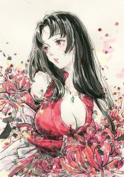 Rule 34 | 1girl, absurdres, black hair, breasts, chichi chichi, cleavage, clothing cutout, collared shirt, falling petals, flower, from side, hair strand, highres, jacket, large breasts, long hair, looking to the side, magatama, magatama necklace, necklace, open mouth, original, painting (medium), petals, shirt, solo, spider lily, traditional media, upper body