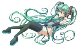 Rule 34 | 1girl, boots, bottomless, detached sleeves, frown, green eyes, green hair, hatsune miku, headset, highres, long hair, matching hair/eyes, necktie, no pants, simple background, skyclayman, solo, thigh boots, thighhighs, twintails, very long hair, vocaloid, white background