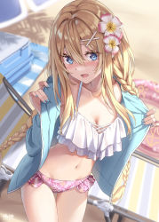 Rule 34 | 1girl, beach, beach mat, bikini, blonde hair, blue eyes, blue nails, blurry, blurry background, blush, braid, breasts, cleavage, cowboy shot, cross-laced clothes, day, flower, frilled bikini, frills, gluteal fold, hair between eyes, hair flower, hair ornament, halterneck, highres, jacket, long hair, looking at viewer, medium breasts, mismatched bikini, morigami (morigami no yashiro), nail polish, navel, open clothes, open jacket, original, outdoors, parted lips, pink bikini, sidelocks, smile, solo, standing, stomach, swimsuit, thighs, twin braids, very long hair, white bikini, x hair ornament