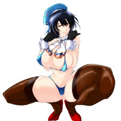 Rule 34 | 10s, 1girl, :d, bikini, black gloves, black hair, black thighhighs, breasts, dandara (karakure), female focus, gloves, hat, highres, kantai collection, large breasts, licking lips, looking at viewer, micro bikini, naughty face, open mouth, red eyes, short hair, simple background, smile, solo, swimsuit, takao (kancolle), thighhighs, tongue, tongue out