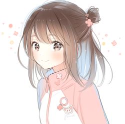 Rule 34 | blush, brown eyes, brown hair, cat symbol, commentary, eyebrows, flower, from side, gomzi, hair bun, hair flower, hair ornament, head tilt, high collar, long hair, looking at viewer, original, parted bangs, pink sweater, sidelocks, simple background, single hair bun, smile, solo, sweater, sweater vest, symbol-only commentary, white background, zipper