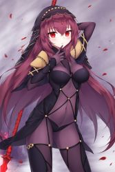 Rule 34 | :/, armor, blush, bodysuit, breasts, closed mouth, covered navel, fate/grand order, fate (series), gae bolg (fate), highres, holding, holding weapon, large breasts, leotard, long hair, looking at viewer, outdoors, pauldrons, petals, polearm, pong (vndn124), purple bodysuit, purple hair, purple leotard, red eyes, rose petals, scathach (fate), shoulder armor, sky, spear, star (sky), starry sky, veil, weapon, wind