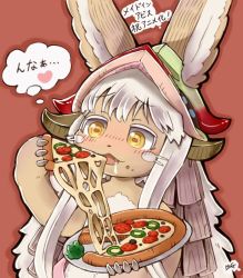Rule 34 | 10s, artist request, brown eyes, rabbit, eating, food, furry, made in abyss, nanachi (made in abyss), pizza, white hair