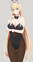 Rule 34 | 1girl, akagi koku, animal ears, aqua eyes, azur lane, bare shoulders, black headband, black leotard, blonde hair, blush, bow, bowtie, breast hold, breasts, brown pantyhose, cleavage, collarbone, detached collar, fake animal ears, feet out of frame, finger to mouth, gradient background, hair between eyes, headband, highres, huge breasts, index finger raised, leotard, leotard under clothes, long hair, navel, north carolina (azur lane), north carolina (the heart&#039;s desire) (azur lane), official alternate costume, pantyhose, parted lips, playboy bunny, shiny skin, simple background, smile, solo, standing, stomach, thigh gap, thighs, very long hair, wrist cuffs