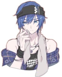 Rule 34 | 1boy, a m m a, bare shoulders, blue eyes, blue hair, bracelet, closed mouth, commentary request, dark blue hair, earrings, hand up, headband, jewelry, kaito (vocaloid), leo/need (project sekai), leo/need kaito, male focus, necklace, official alternate costume, project sekai, short hair, simple background, solo, sweat, towel, towel around neck, upper body, vocaloid, white background