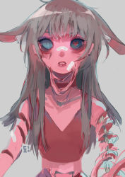 Rule 34 | 1girl, absurdres, animal ears, bandaid, bandaid on arm, bandaid on cheek, bandaid on face, bandaid on nose, blue eyes, bone, commentary, english commentary, grey background, guro, heart, heart-shaped pupils, highres, k1ruse, long hair, looking at viewer, original, simple background, solo, symbol-shaped pupils