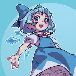 Rule 34 | 1girl, :d, bloomers, blue background, blue bow, blue dress, blue eyes, blue hair, blue theme, blush, bow, cirno, dress, excited, hair bow, ice, ice wings, juliet sleeves, long sleeves, looking at viewer, medium hair, open mouth, outstretched arm, pinafore dress, puffy sleeves, red ribbon, ribbon, short sleeves, sleeveless, sleeveless dress, smile, soemy, solo, teeth, touhou, underwear, upper body, upper teeth only, white bloomers, wind, wind lift, wings