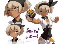 Rule 34 | 1girl, bea (pokemon), black bodysuit, black hairband, blonde hair, blurry, blush, bodysuit, bodysuit under clothes, bow hairband, character name, clenched hand, closed mouth, collared shirt, commentary request, creatures (company), dark-skinned female, dark skin, dated, game freak, gloves, grey eyes, hair between eyes, hairband, highres, holding, holding poke ball, multiple views, nintendo, partially fingerless gloves, poke ball, pokemon, pokemon swsh, print shirt, print shorts, shirt, short hair, short sleeves, shorts, side slit, side slit shorts, signature, single glove, smile, ultra ball, white background, yamamori kinako
