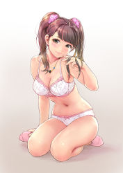 Rule 34 | 1girl, ankle socks, armpits, blush, bra, breasts, brown eyes, brown hair, carina (xiaowoo), cleavage, eyelashes, full body, gradient background, grey background, twirling hair, hand in own hair, head tilt, highres, jewelry, leaning forward, long hair, looking at viewer, mayu (carina), medium breasts, navel, necklace, original, panties, pink socks, scrunchie, sitting, skindentation, smile, socks, solo, stomach, thighs, twintails, underwear, underwear only, white background