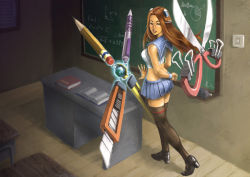 Rule 34 | 1girl, alvinwcy, blade, blue eyes, boxcutter, brown hair, chalkboard, eraser, globe, hair ornament, high heels, image sample, irelia, league of legends, long hair, office clip, paperclip, pencil, school uniform, scissors, skirt, solo, stationery, thighhighs, weapon
