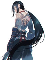 Rule 34 | 1boy, black hair, black pants, chinese clothes, closed mouth, dragon tattoo, expressionless, fate/grand order, fate (series), feet out of frame, flower tattoo, from behind, full-body tattoo, gauntlets, green eyes, katagiri (mighty swing), long hair, long sleeves, looking at viewer, looking back, male focus, pants, ponytail, simple background, solo, tattoo, text tattoo, topless male, very long hair, white background, yan qing (fate)