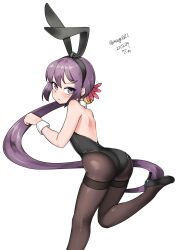Rule 34 | 1girl, absurdres, akebono (kancolle), animal ears, bell, black leotard, black pantyhose, cowboy shot, dated, detached collar, embarrassed, fake animal ears, flower, hair bell, hair flower, hair ornament, highres, jingle bell, kantai collection, leaning forward, leotard, long hair, looking at viewer, maru (marg0613), one-hour drawing challenge, pantyhose, playboy bunny, purple eyes, purple hair, rabbit ears, rabbit pose, side ponytail, simple background, solo, strapless, strapless leotard, thighband pantyhose, twitter username, very long hair, white background, wrist cuffs