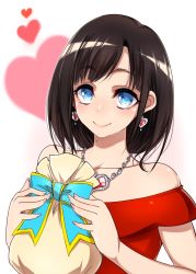 Rule 34 | 1girl, bag, bare shoulders, black hair, blue bow, blue eyes, blush, bow, collarbone, commentary request, earrings, heart, heart earrings, heart pendant, highres, holding, holding bag, jewelry, looking at viewer, mole, mole on neck, nijisanji, off-shoulder shirt, off shoulder, pendant, red shirt, shirt, short hair, simple background, smile, solo, suzuka utako, tajima yuuki, upper body, virtual youtuber, white background