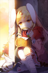 Rule 34 | 1girl, animal ears, basket, bird, blonde hair, cannelle (sword girls), capelet, carrot, frilled skirt, frilled thighhighs, frills, gilse, holding, hood, hoodie, long hair, lowres, pigeon, rabbit ears, resized, sitting, skirt, solo, sword girls, thighhighs, white thighhighs, yellow eyes